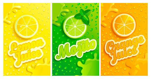 Set of fresh lemon,mojito,orange juices. Set of fresh lemon,mojito,orange juices backgrounds with drops from condensation, splashing and fruit slices for brand, template,label,emblems,stores,packaging,advertising.Vector illustration juice drink illustrations stock illustrations
