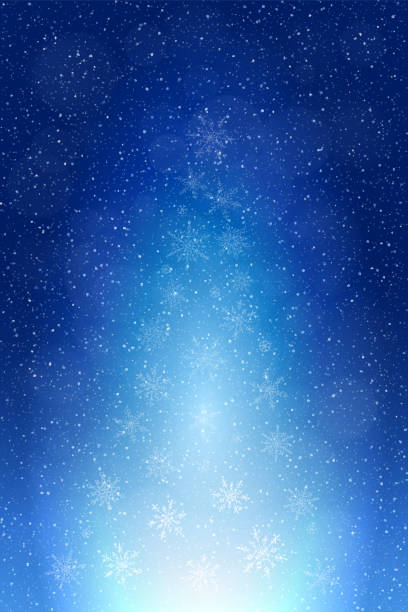 illustrazioni stock, clip art, cartoni animati e icone di tendenza di sfondo invernale astratto dell'albero di natale: neve che cade, fiocchi di neve e luce che forma una forma di albero di natale. - christmas tree christmas blue night