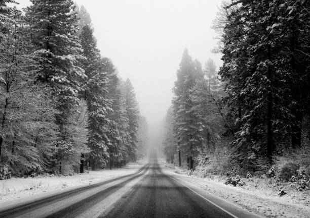 Black and white image of a road through a snowy landscape, fading into the horizon stock photo