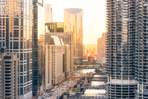 istock Filtered image of Chicago riverside skylines at sunset 1076796848