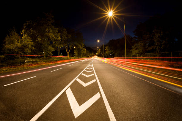 Street lights at night with brown grass flowers and the streets at night that look as far as the eye can see The loneliness of the night and the asphalt road.