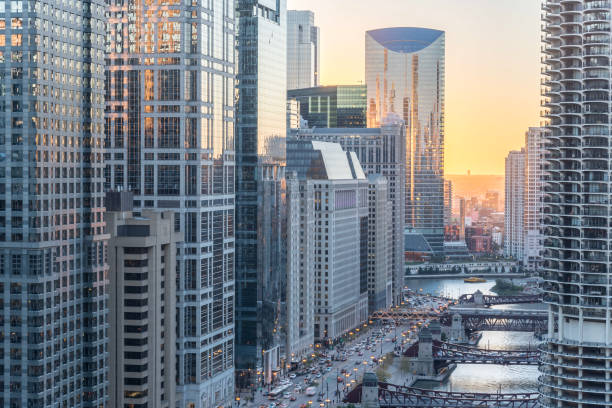 istock Riverside Chicago skylines at sunset 1076797174
