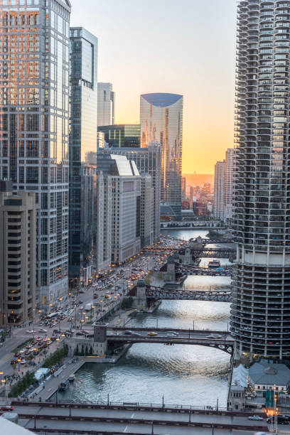 istock Riverside Chicago skylines at sunset 1076797378