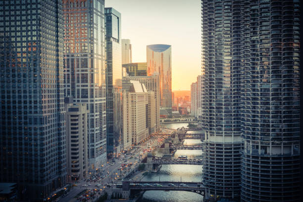 istock Filtered image of Chicago riverside skylines at sunset 1076797874