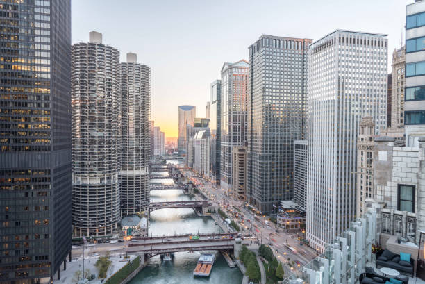 istock Riverside Chicago skylines at sunset 1076798094