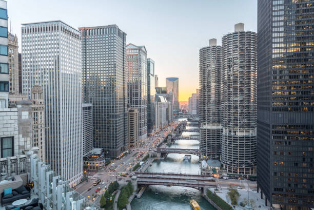 istock Riverside Chicago skylines at sunset 1076798548