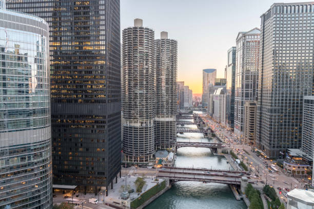 istock Riverside Chicago skylines at sunset 1076798682