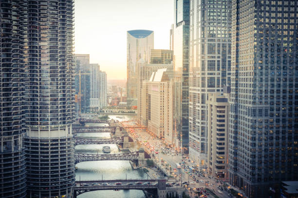 istock Filtered image of Chicago riverside skylines at sunset 1076798756