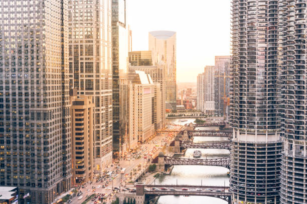 istock Filtered image of Chicago riverside skylines at sunset 1076798792