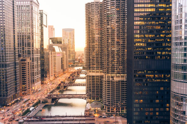 istock Filtered image of Chicago riverside skylines at sunset 1076799202