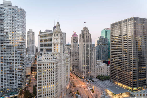 istock Riverside Chicago skylines at sunset 1076799388