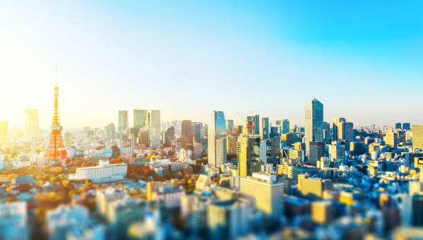 チルトシフトの効果で東京のスカイライン空撮 - tokyo prefecture tokyo tower japan cityscape ストックフォトと画像