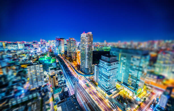 tokyo city night view & highway with tilt shift Asia business concept for real estate and corporate construction - panoramic urban city skyline aerial night view with highway in hamamatsucho, tokyo, Japan with tilt shift, miniature, blur effect tilt shift stock pictures, royalty-free photos & images