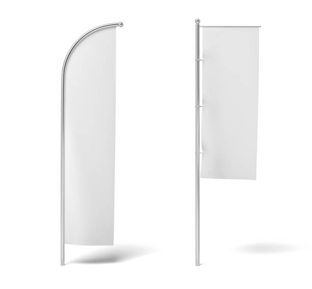 3d rendering of two monochrome white flags hanging on posts on a white background.