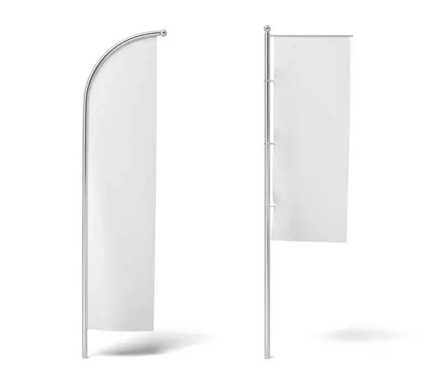 Photo of 3d rendering of two monochrome white flags hanging on posts on a white background.