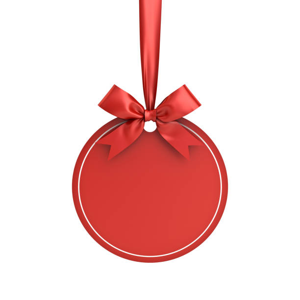 blank röd papper runt jul bollen bildruta etiketten etikett kort mall hängande med glänsande rött band och böja isolerade på vit bakgrund för jul dekoration 3d-rendering - christmas tags bildbanksfoton och bilder