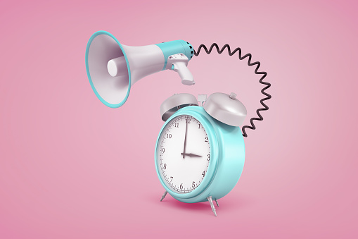 3d rendering of blue retro alarm clock connected to a megaphone with a black cord on a pink background. Loud sound of alarm. Waking up early. Scheduled information.