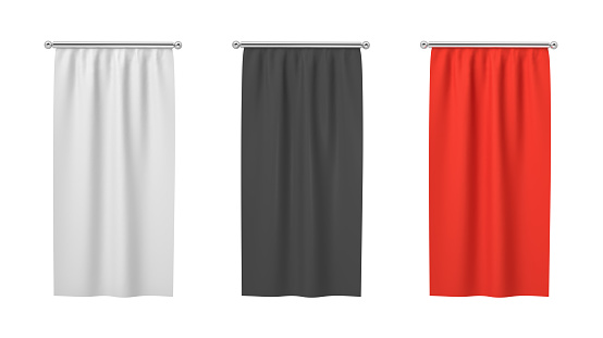 3d rendering of three rectangular black, white and red flags hanging vertically on a white background. Symbols and identity. Flags and heraldic. Company and country flags.