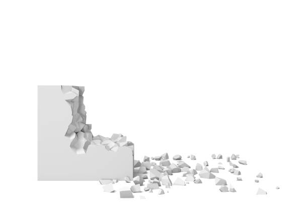 3d rendering of a white square on a white background starting to get destroyed piece by piece. Destruction and deterioration. Falling out. Debris.