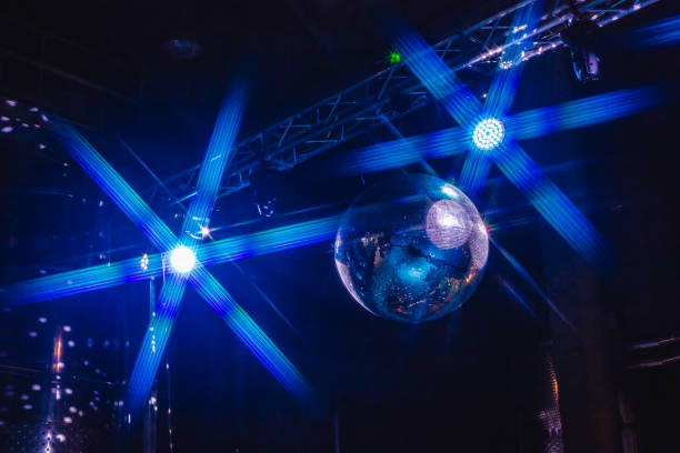 Lights Effect Disco Ball Blue background disco ball with disco lights. dance floor stock pictures, royalty-free photos & images