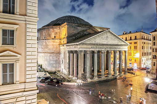 Illuminated view of the Piazza della Rotonda and Pantheon at night in Rome