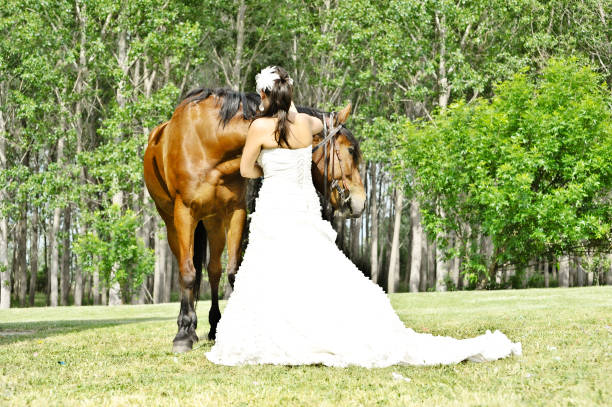 una hermosa novia posando con su caballo del animal doméstico - honeymoon wedding paris france bride fotografías e imágenes de stock