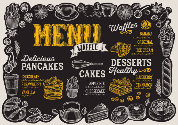 Waffle and pancake menu for restaurant with frame of hand-drawn fruits and sweets. Waffle and pancake menu template for restaurant on a blackboard background vector illustration brochure for food and drink cafe. Design layout with vintage lettering and frame of hand-drawn fruits and sweets. breakfast borders stock illustrations