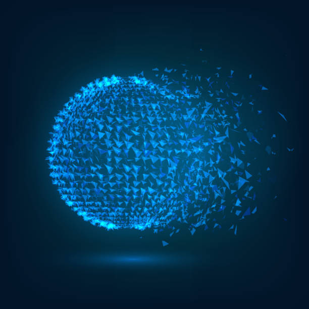 Glowing sphere of particles Blue glowing sphere of particles disintegrate. Abstract element on white background sliver stock illustrations