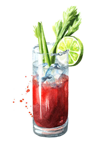 koktajl z alkoholem bloody mary z selerem. ilustracja ręcznie rysowana akwarelą, wyizolowana na białym tle - bloody mary stock illustrations