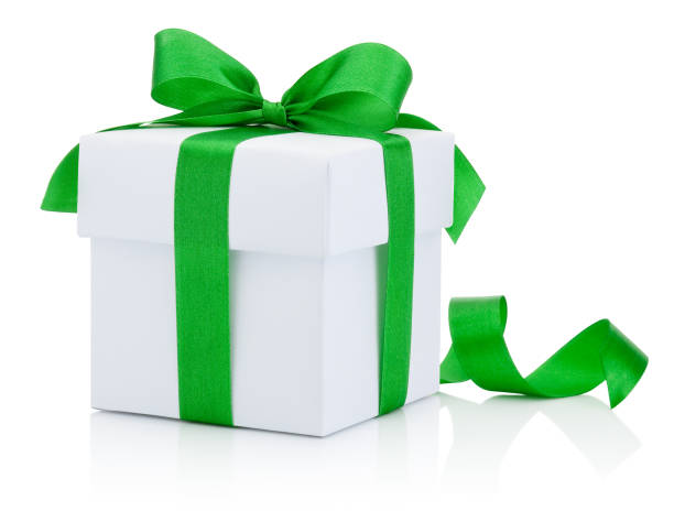 istock White gift box tied green ribbon bow Isolated on white background 1076842558