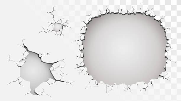 Set of holes and cracks in a wall Set of ruined wall on a transparent background, holes and cracks in a wall concrete borders stock illustrations