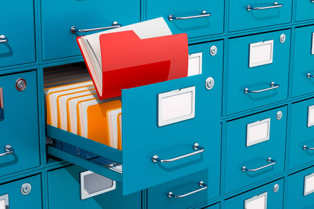 istock Folders inside filing cabinet, archive room. 3D rendering 1076846800