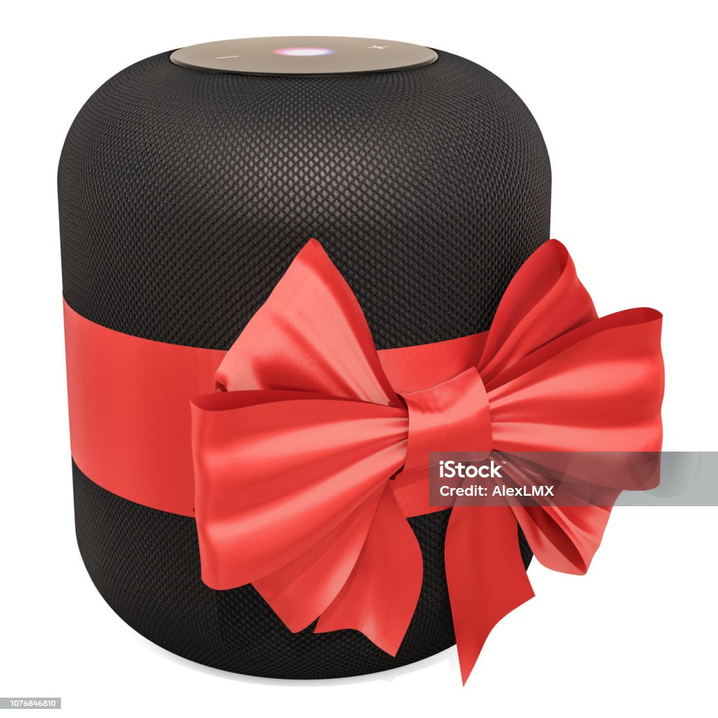 Smart speaker with bow and ribbon, gift concept. 3D rendering isolated on white background Gift Stock Photo