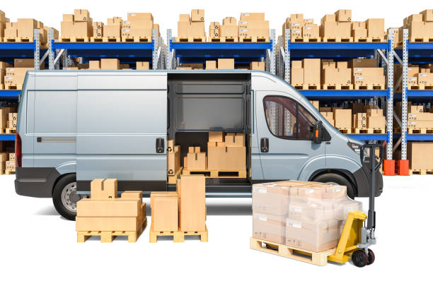 istock Warehouse, delivery van with parcels and pallet truck with cardboard boxes. 3D rendering 1076846898