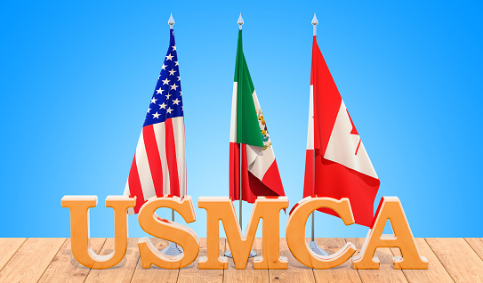 United States Mexico Canada Agreement, USMCA concept on the wooden table. 3D rendering