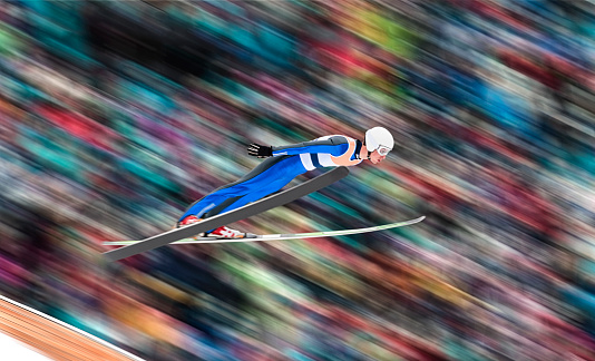 Side View of Male Ski Jumper in Mid-air Against Blurred Background