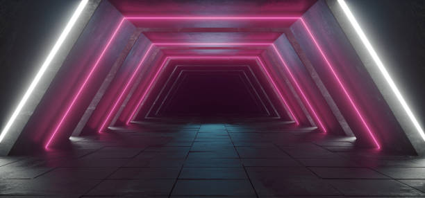 istock Futuristic Sci Fi Modern Retro Spaceship Club Stage  Dark Empty Concrete Corridor Tunnel With Neon Glowing Blue Pink White Purple Lights Tiled Floor 3D Rendering 1076850838