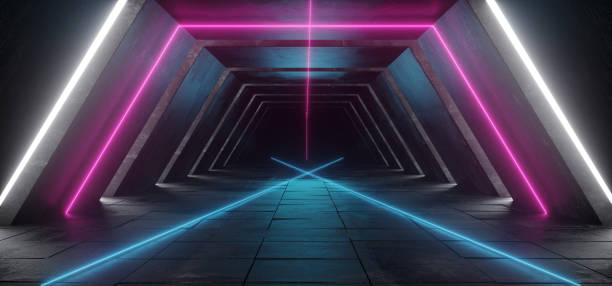 istock Futuristic Sci Fi Modern Retro Spaceship Club Stage  Dark Empty Concrete Corridor Tunnel With Neon Glowing Blue Pink White Purple Lights Tiled Floor 3D Rendering 1076850854