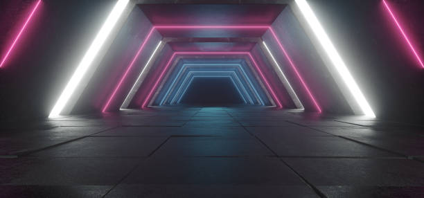 istock Futuristic Sci Fi Modern Retro Spaceship Club Stage  Dark Empty Concrete Corridor Tunnel With Neon Glowing Blue Pink White Purple Lights Tiled Floor 3D Rendering 1076850864