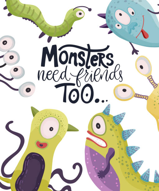 Cute cartoon monsters. Vector. Cute cartoon vector monsters in a flat style. Cheerful kid card with monster lettering quote on a white background. Monsters need friends too. cartoon devil with speech bubble stock illustrations