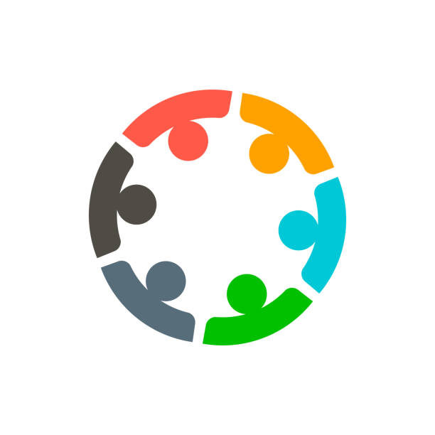 illustrazioni stock, clip art, cartoni animati e icone di tendenza di sei uomini d'affari del lavoro di squadra vettore logo - gruppo organizzato immagine