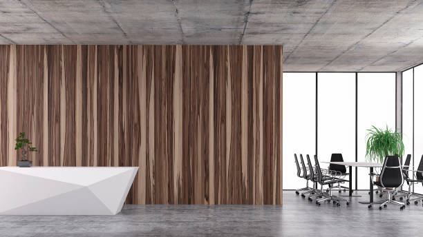 istock Modern interior with conference table and chairs and reception desk 1076874930
