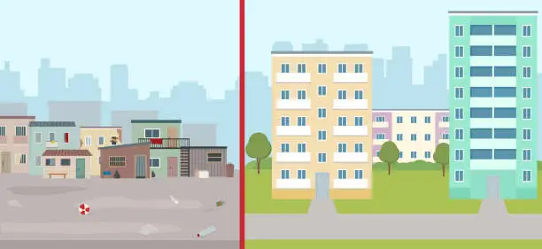 Vector illustration of Old ruined houses and modern city. Contrast of modern buildings and poor slums.