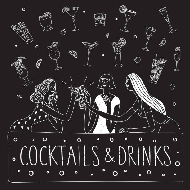 ilustraciones, imágenes clip art, dibujos animados e iconos de stock de chicas bebiendo en el bar doodle ilustración - drinking little girls women wine