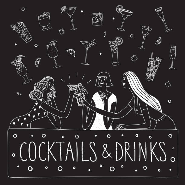 illustrazioni stock, clip art, cartoni animati e icone di tendenza di ragazze che bevono al bar illustrazione doodle - bar women silhouette child