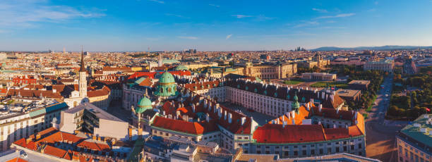 Aerial view of Hofburg complex in Vienna Austria during sunset Aerial view of Hofburg complex in Vienna Austria during sunset heldenplatz stock pictures, royalty-free photos & images