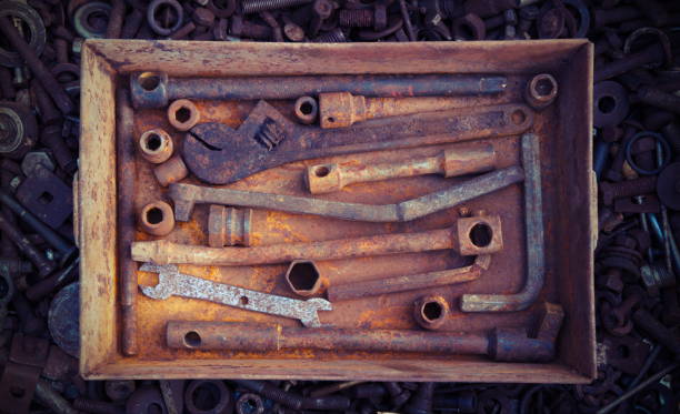 istock Old instrument tool kit.Spanner.Bolt and screws in the background.Retro style 1076889600
