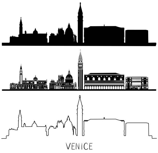 illustrazioni stock, clip art, cartoni animati e icone di tendenza di set skyline silhouette veneziano. bianco e nero - venezia