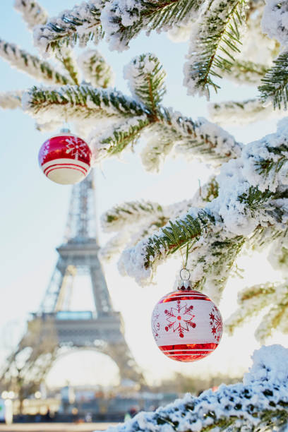 istock Christmas tree covered with snow near Eiffel tower 1076910604