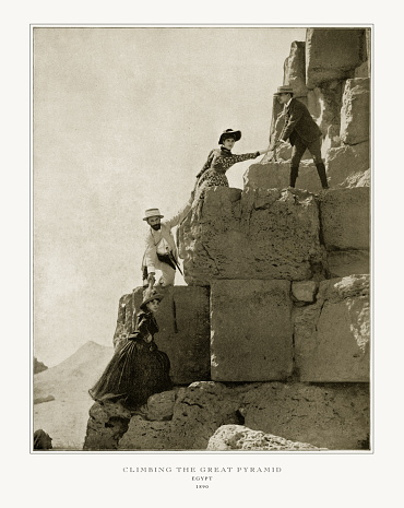 Antique Egypt Photograph: Climbing the Great Pyramid, Cairo, Egypt, 1893. Source: Original edition from my own archives. Copyright has expired on this artwork. Digitally restored.